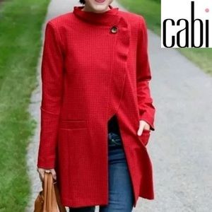 CAbi 3546 Celebration Houndstooth Red Ponte Long Jacket Coat Front Ruffle Large